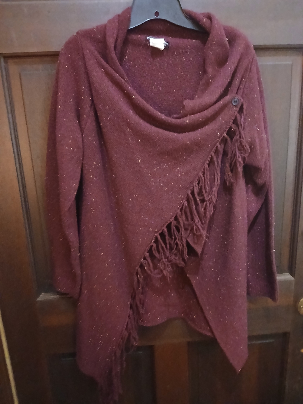 Cozy Fringe Wrap Sweater Cardigan - Burgundy Size 8/10
